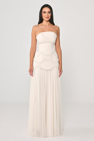 Strapless Shawl Sleeved Beaded Top Crepe Bottom Chiffon Long Dress