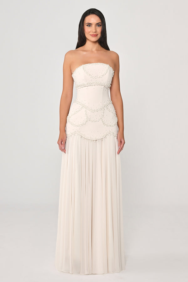 Strapless Shawl Sleeved Beaded Top Crepe Bottom Chiffon Long Dress