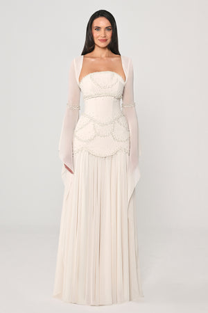 Strapless Shawl Sleeved Beaded Top Crepe Bottom Chiffon Long Dress