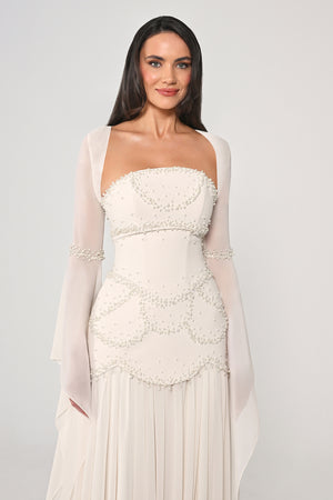 Strapless Shawl Sleeved Beaded Top Crepe Bottom Chiffon Long Dress