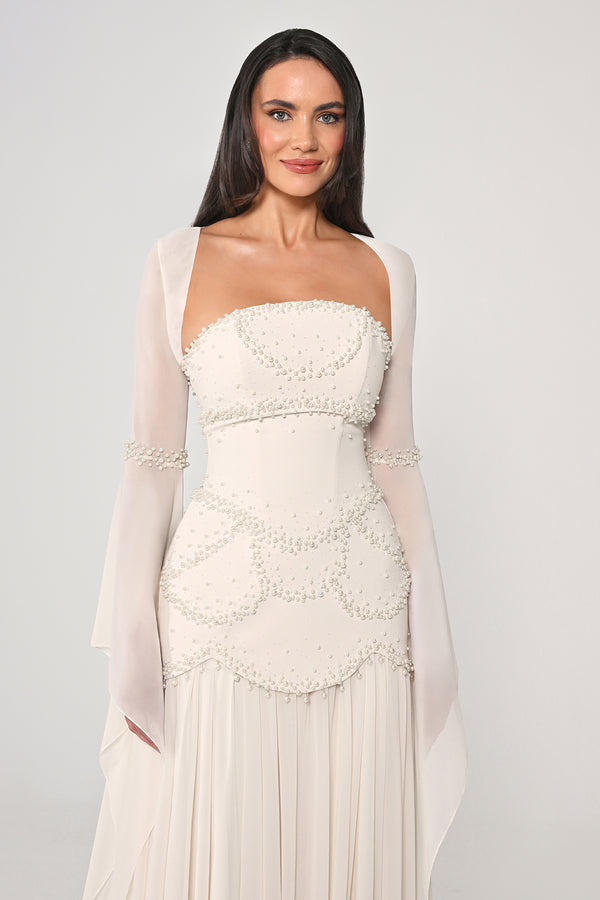 Strapless Shawl Sleeved Beaded Top Crepe Bottom Chiffon Long Dress