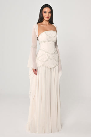 Strapless Shawl Sleeved Beaded Top Crepe Bottom Chiffon Long Dress