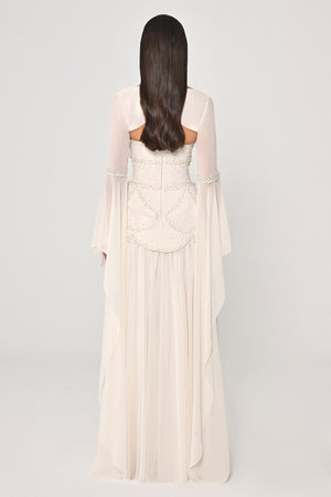Strapless Shawl Sleeved Beaded Top Crepe Bottom Chiffon Long Dress