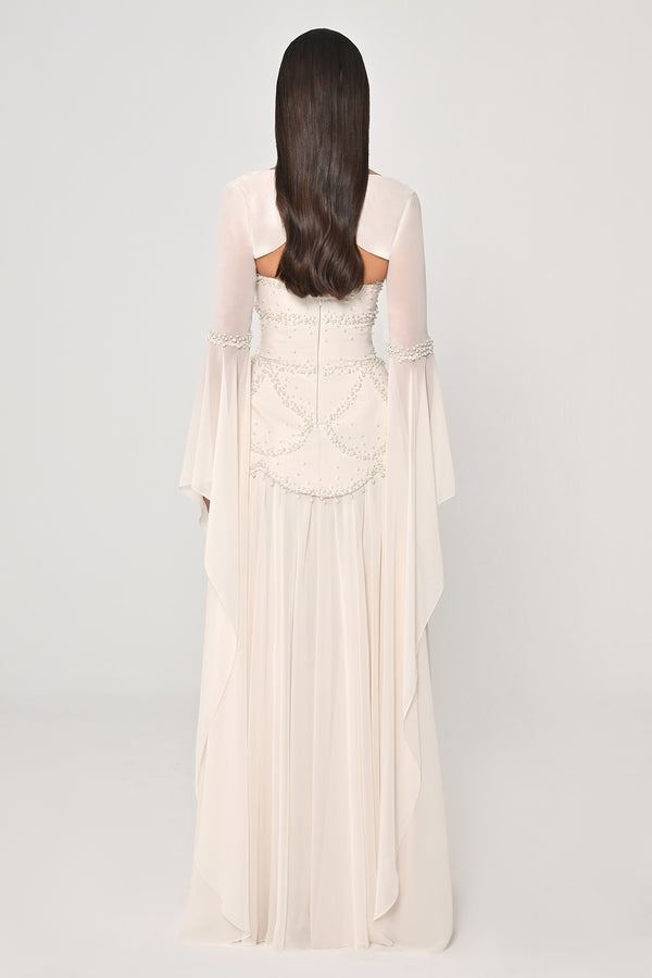 Strapless Shawl Sleeved Beaded Top Crepe Bottom Chiffon Long Dress