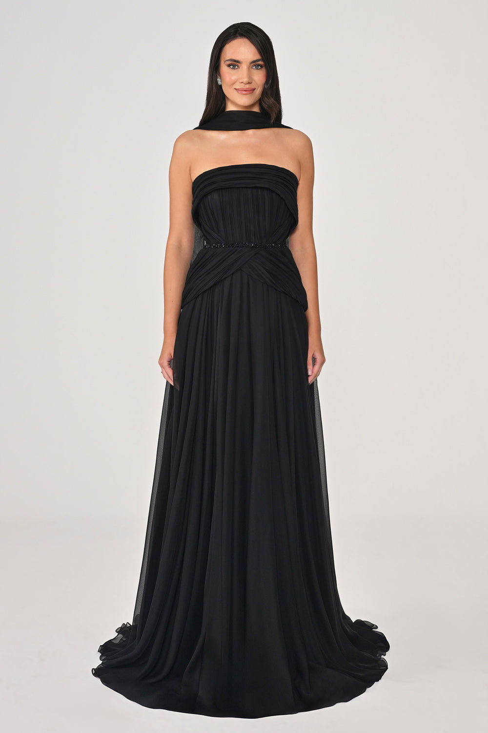 Pleated Chiffon Long Strapless Shawl Dress