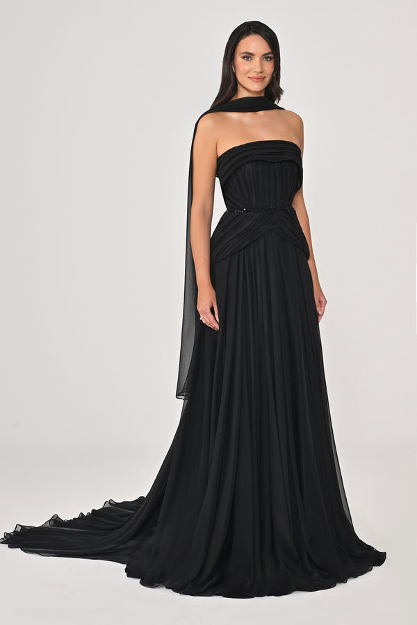 فستان طويل شيفون مطوي بحمالات مع شال