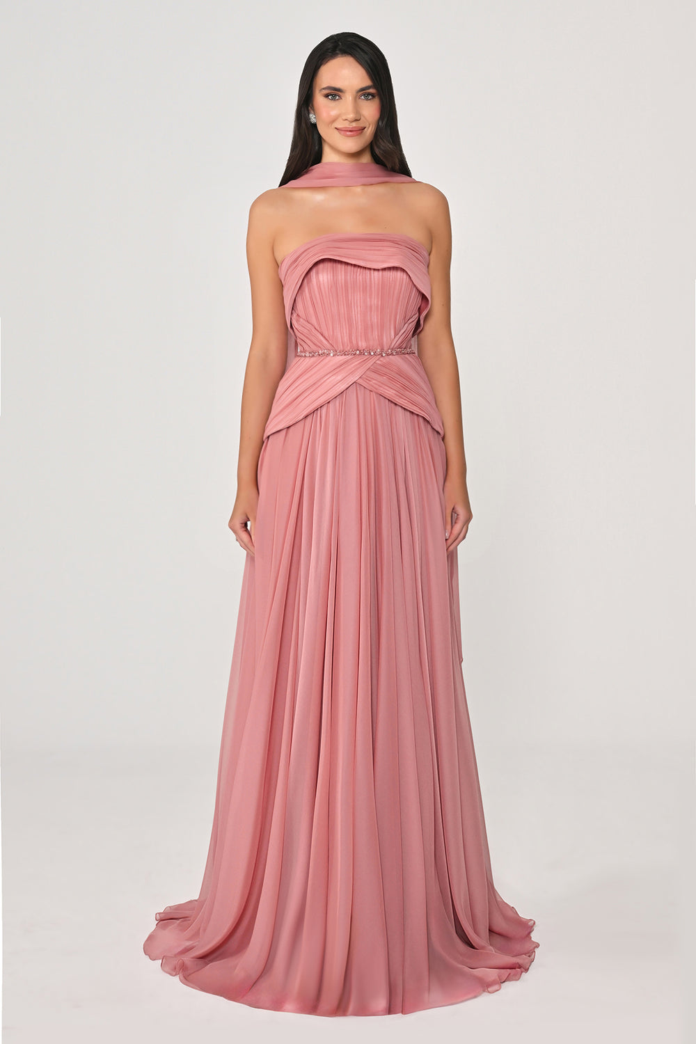 Pleated Chiffon Long Strapless Shawl Dress