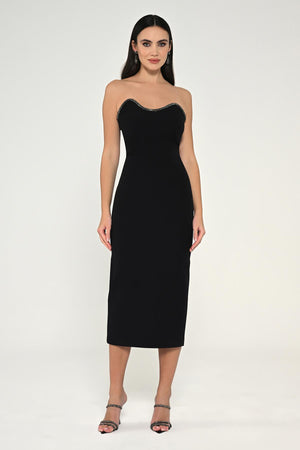 Strapless Crepe Midi Dress with Stripe Detail