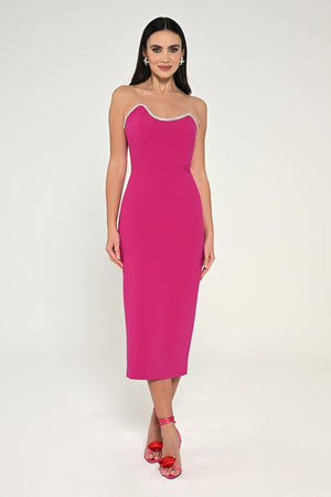 Strapless Crepe Midi Dress with Stripe Detail