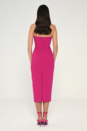 Strapless Crepe Midi Dress with Stripe Detail