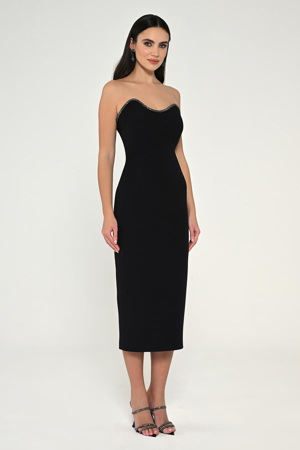 Strapless Crepe Midi Dress with Stripe Detail