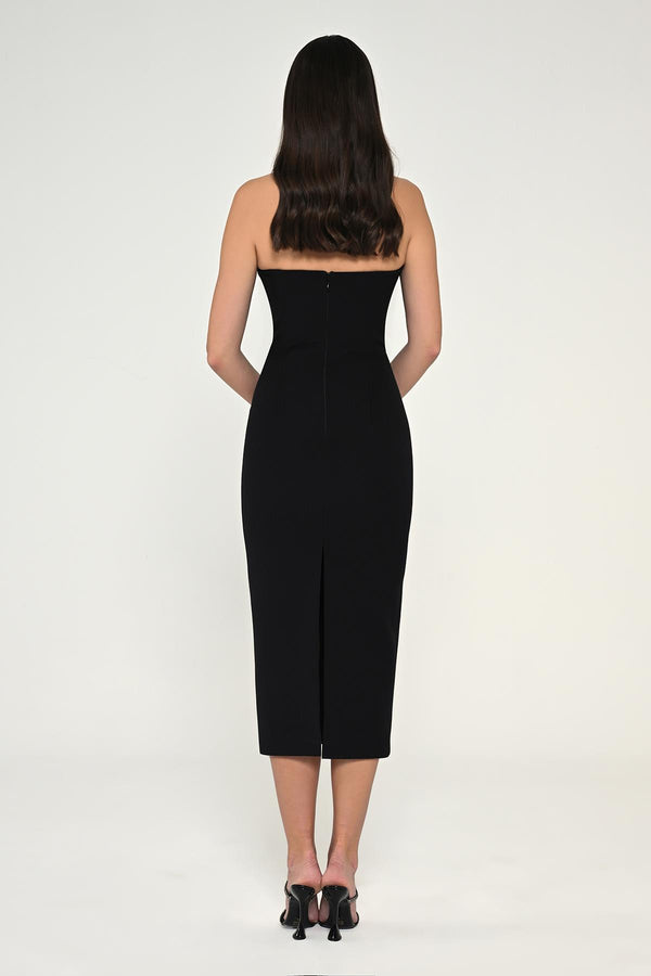 Strapless Crepe Midi Dress with Stripe Detail
