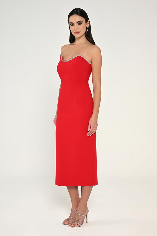 Strapless Crepe Midi Dress with Stripe Detail