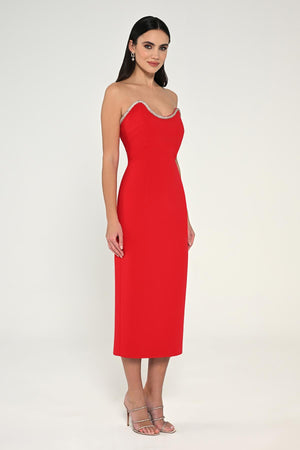 Strapless Crepe Midi Dress with Stripe Detail