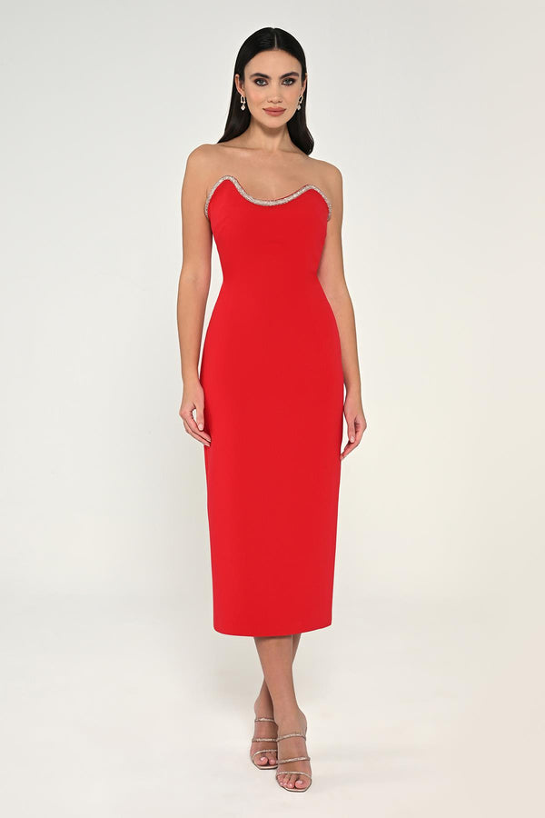 Strapless Crepe Midi Dress with Stripe Detail