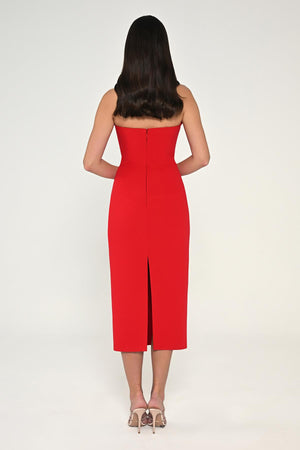 Strapless Crepe Midi Dress with Stripe Detail