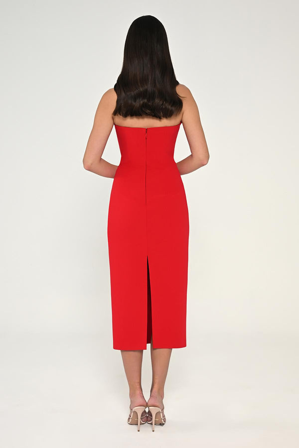 Strapless Crepe Midi Dress with Stripe Detail