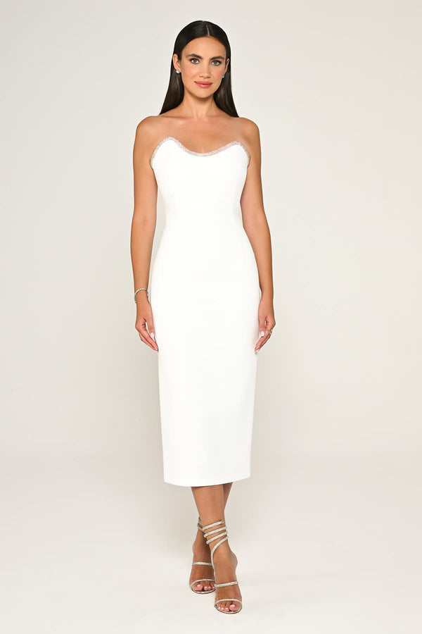 Strapless Crepe Midi Dress with Stripe Detail