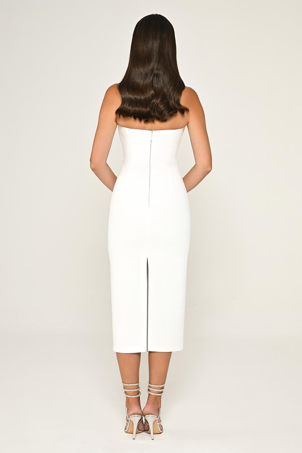 Strapless Crepe Midi Dress with Stripe Detail