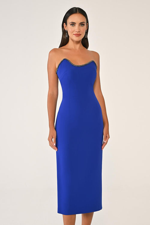 Strapless Crepe Midi Dress with Stripe Detail
