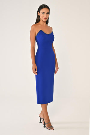 Strapless Crepe Midi Dress with Stripe Detail