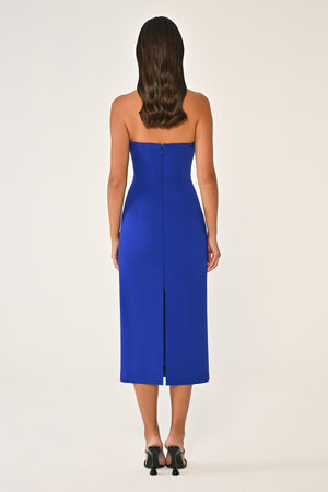 Strapless Crepe Midi Dress with Stripe Detail