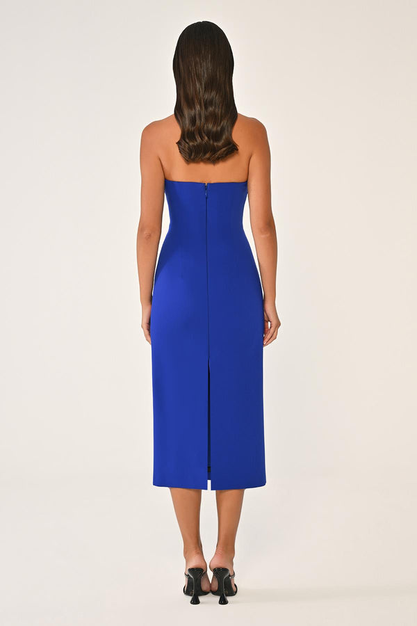 Strapless Crepe Midi Dress with Stripe Detail