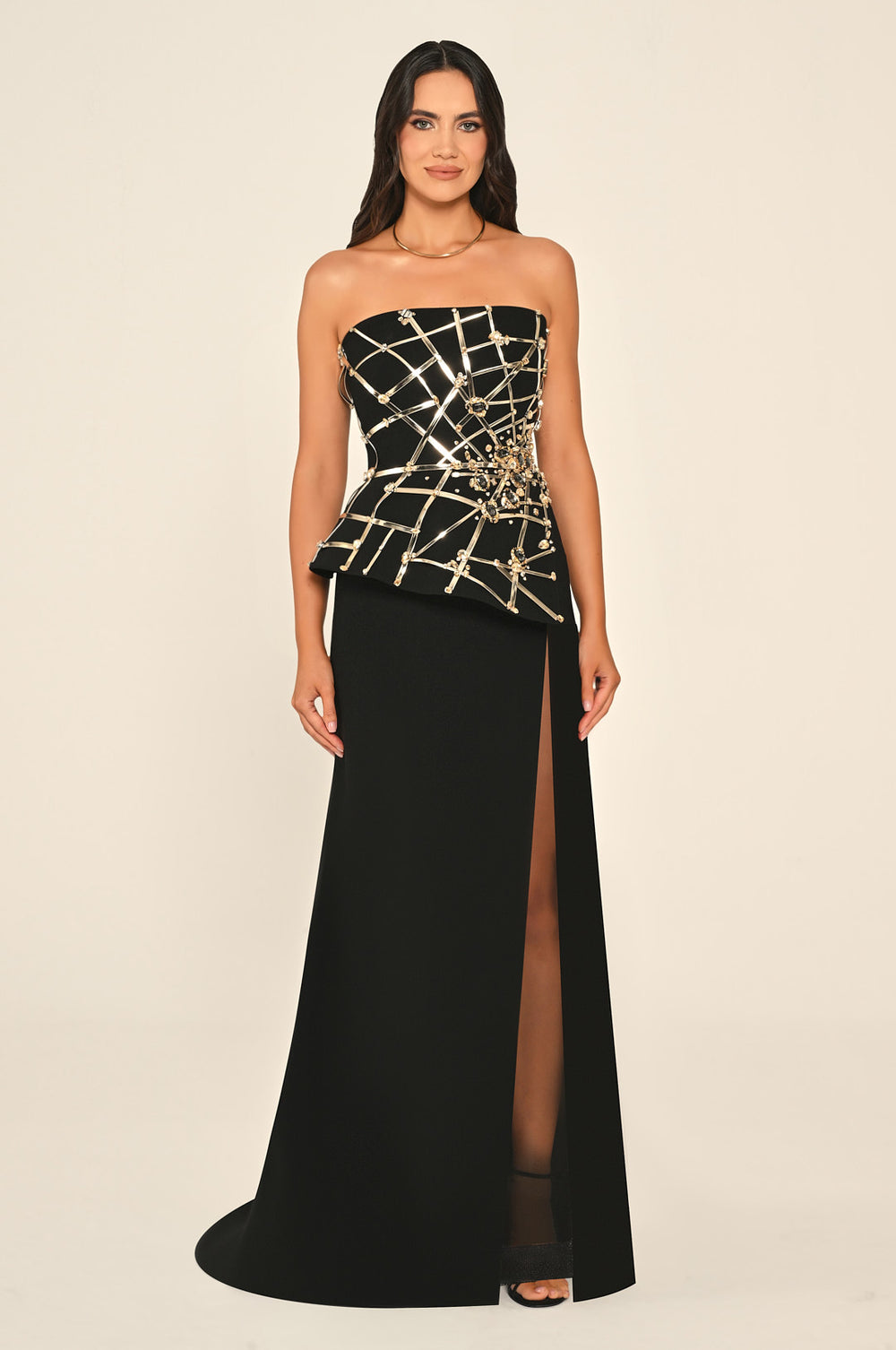 Strapless Slit Crepe Maxi Dress with Striped Accessory