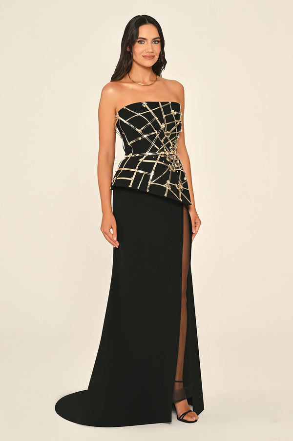 Strapless Slit Crepe Maxi Dress with Striped Accessory