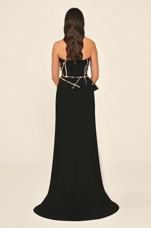 Strapless Slit Crepe Maxi Dress with Striped Accessory