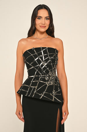 Strapless Slit Crepe Maxi Dress with Striped Accessory