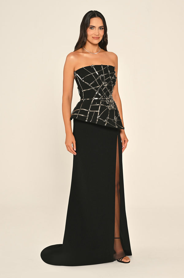 Strapless Slit Crepe Maxi Dress with Striped Accessory