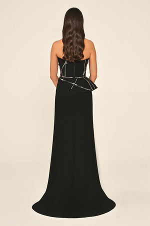 Strapless Slit Crepe Maxi Dress with Striped Accessory
