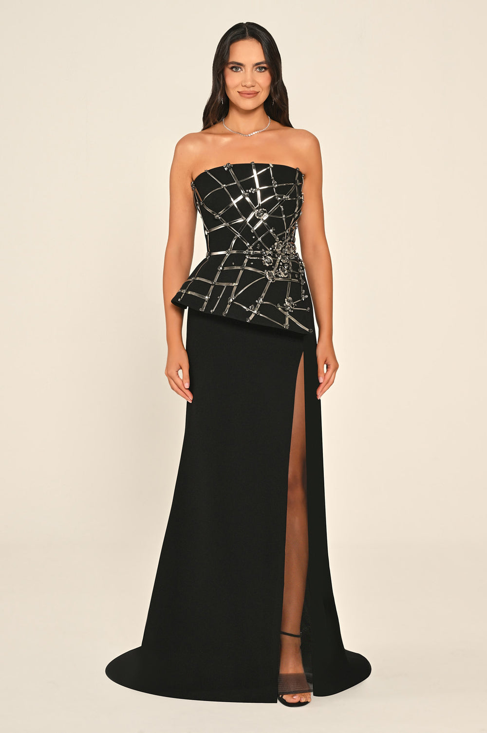 Strapless Slit Crepe Maxi Dress with Striped Accessory
