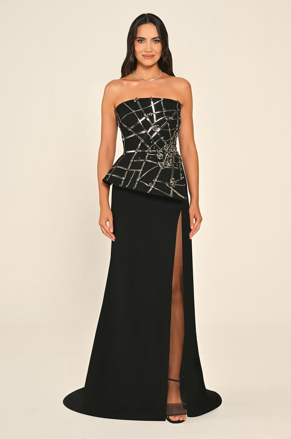 Strapless Slit Crepe Maxi Dress with Striped Accessory
