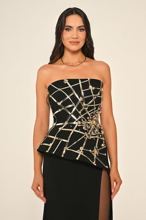 Strapless Slit Crepe Maxi Dress with Striped Accessory