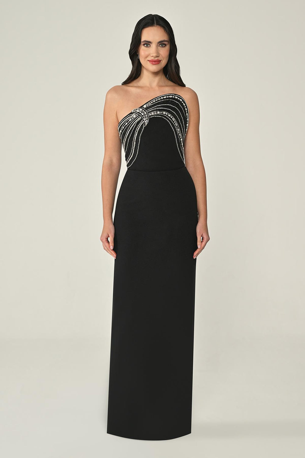 Strapless Crepe Long Dress with Stone Embellishment