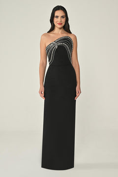Strapless Crepe Long Dress with Stone Embellishment