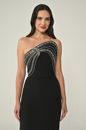 Strapless Crepe Long Dress with Stone Embellishment