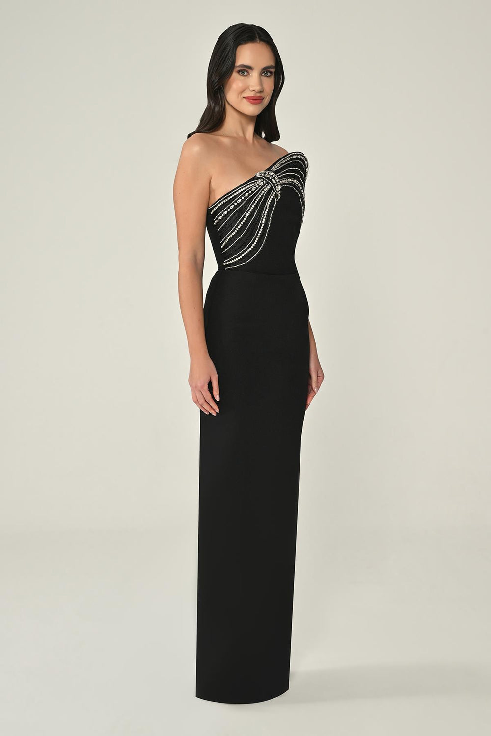 Strapless Crepe Long Dress with Stone Embellishment