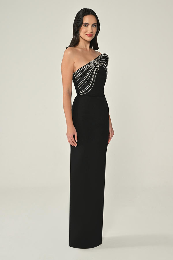 Strapless Crepe Long Dress with Stone Embellishment