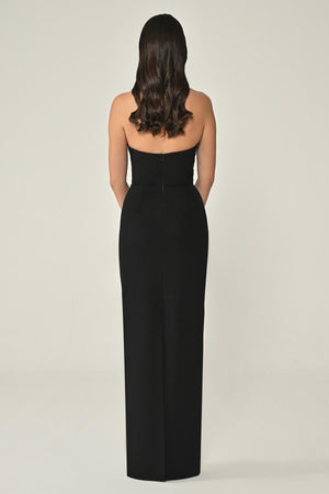 Strapless Crepe Long Dress with Stone Embellishment