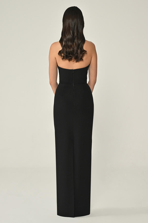 Strapless Crepe Long Dress with Stone Embellishment