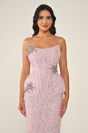 Strapless Beaded Feather Sequin Long Dress