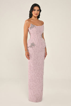 Strapless Beaded Feather Sequin Long Dress