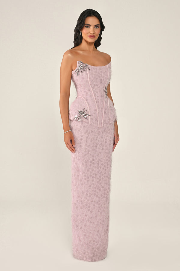 Strapless Beaded Feather Sequin Long Dress