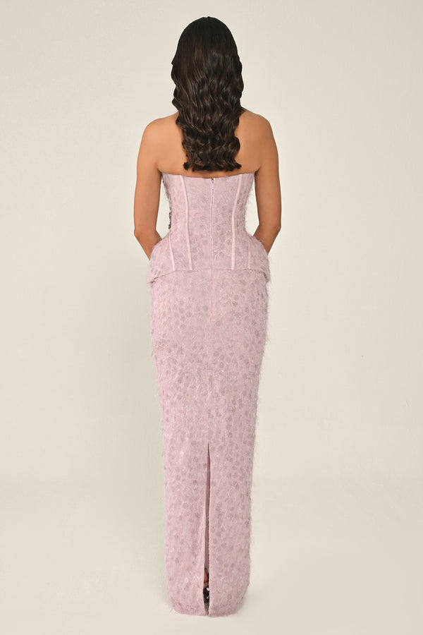Strapless Beaded Feather Sequin Long Dress
