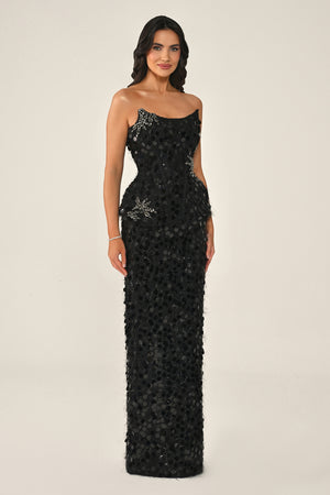 Strapless Beaded Feather Sequin Long Dress