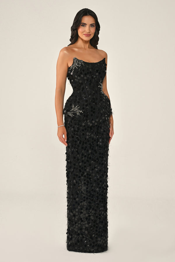 Strapless Beaded Feather Sequin Long Dress