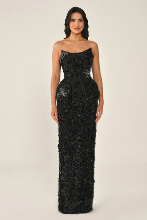 Strapless Beaded Feather Sequin Long Dress